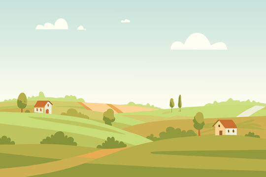 Peaceful countryside landscape with rolling hills and charming houses