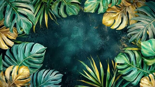Lush tropical leaves frame a dark textured background, showcasing vibrant green and gold foliage in a continuous arrangement
