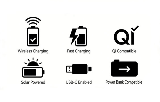 The charging icon for wireless fast charging, Qi compatibility, and solar power represents the concept of efficient battery life for digital devices, suitable for promoting portable charging devices.
