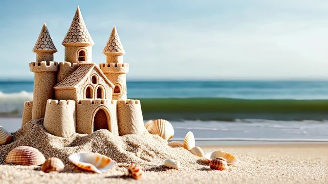 Sandcastle with intricate towers and shells on a beach, waves gently lapping at the shore under a clear blue sky