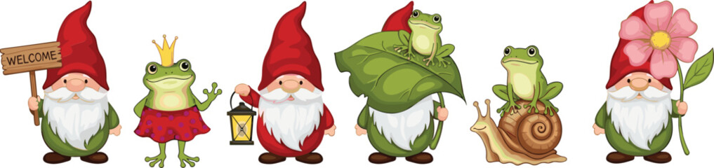 Cartoon gnomes and frogs in various poses with welcome sign and flower © MdShidul