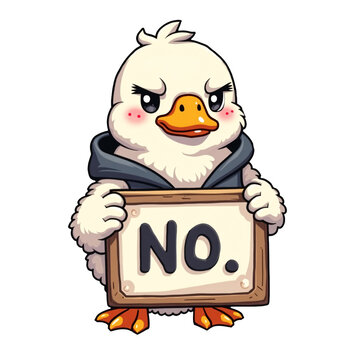 Cute Angry Duck Holding NO Sign Cartoon Character Isolated on Transparent Background Communication Concept