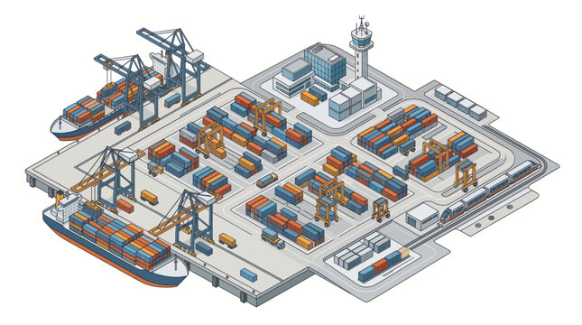 Isometric illustration of a shipping port with cargo containers and cranes.
