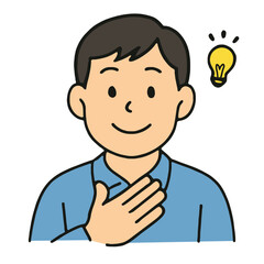 Fototapeta premium Man, hand on chest, blue shirt, smiling, idea, light bulb, cartoon style