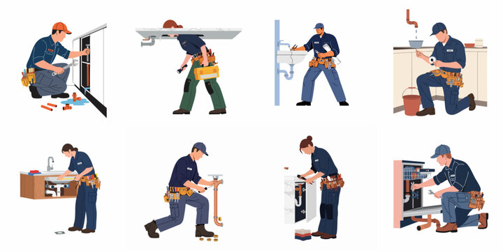 A diverse group of professional male and female plumbers fixing leaks, installing pipes, and repairing home appliances in various household settings.