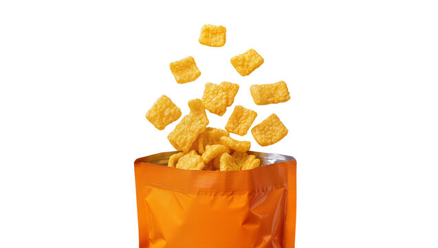 Crispy golden yellow square snacks dynamically falling from an open orange foil bag, isolated PNG on transparent background for food packaging design