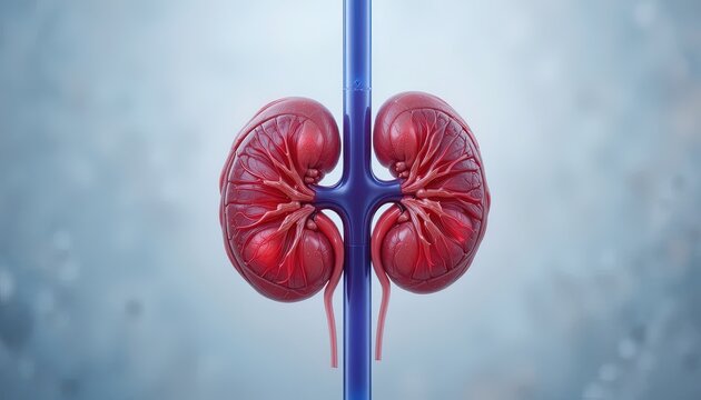3D medical illustration of human kidneys with ureter and bladder in soft blue gradient background