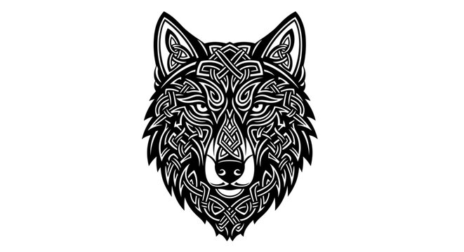 Intricate wolf head design with Celtic patterns.
