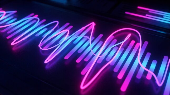 Vibrant neon audio waveform glowing in blue purple concept. Vibrant neon wave pattern in pink and blue glowing light.