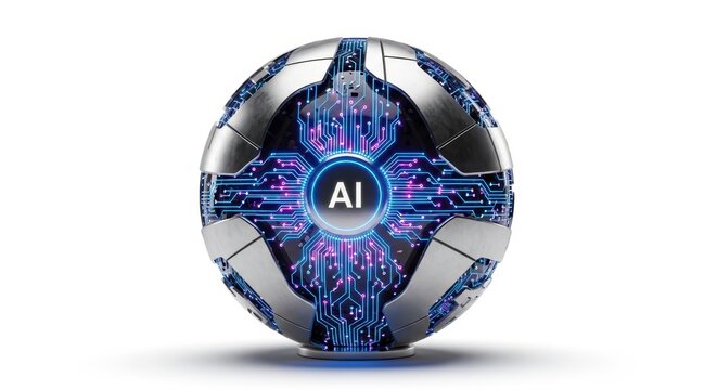 Abstract sphere with glowing blue circuits and the letters AI in the center, representing artificial intelligence and advanced technology. A high-tech, futuristic concept image