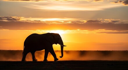 Fototapeta premium Majestic Elephant Silhouette Walking Across African Sunset Safari