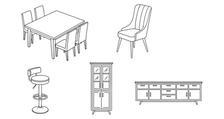 Fototapeta premium Collection of Furniture Line Art Icons: Dining Table Chairs Bar Stool Cabinet Media Console