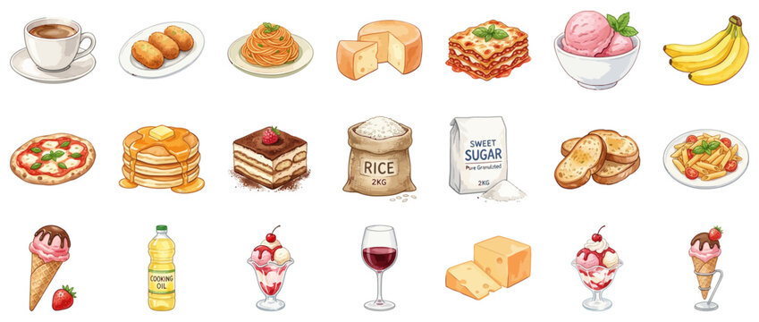 Food and drink icons set featuring various dishes and ingredients | Hand drawn meal illustrations isolated on white | Restaurant menu graphics