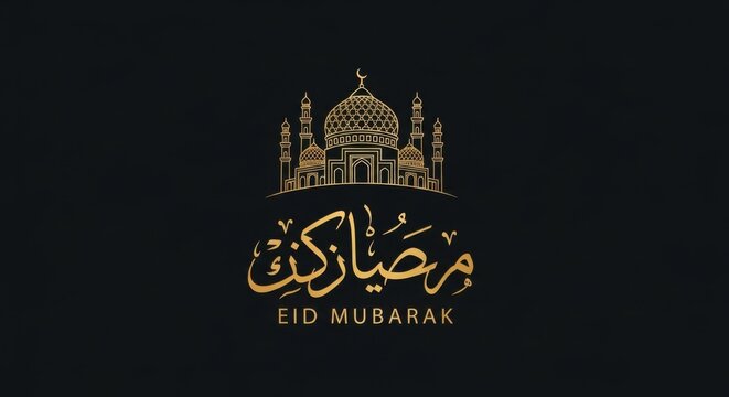 eid mubarak greeting with mosque silhouette and arabic calligraphy on dark background