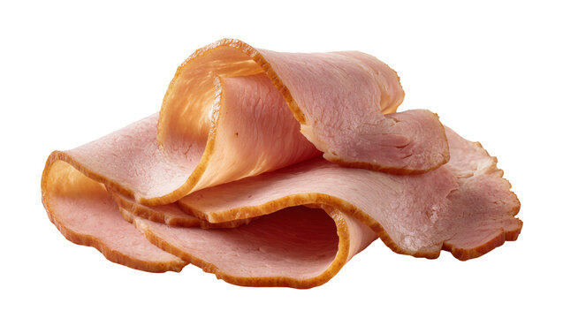 Delicious thinly sliced deli ham, perfectly curled and stacked, a savory meat product for culinary use, isolated PNG on transparent background