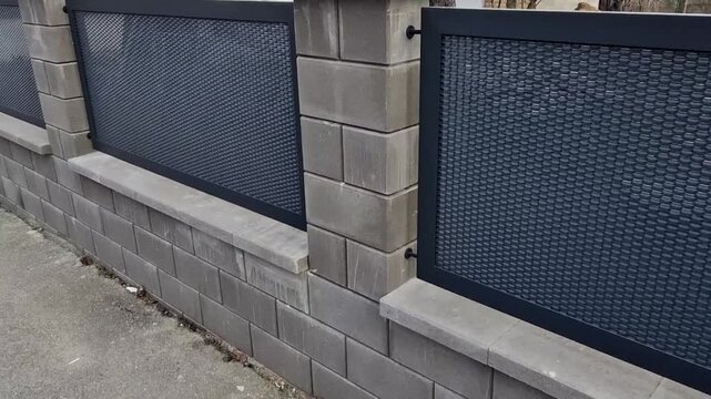 gabion fence wire mesh baskets filled with stone and sliding gates with expanded metal filling. Gabions filled with loose or stacked. posts or entire fence walls. Expanded metal made by cutting 