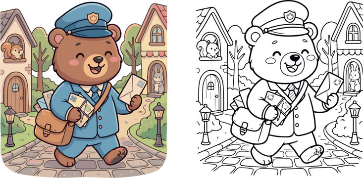 bear postman with mailbag and letters jungle animal cartoon vector illustration clipart and lineart for children coloring book