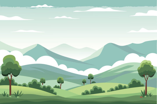 Serene landscape featuring rolling hills mountains and fluffy clouds