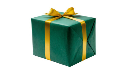 Obraz premium Beautifully wrapped green gift box with a vibrant golden ribbon and elegant bow, isolated PNG on transparent background, perfect for holiday celebrations and special occasions