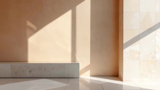 Natural light shines through large windows, casting shadows on the walls and floor of a minimalist interior. The design focuses on how light interacts with space in a simple setting
