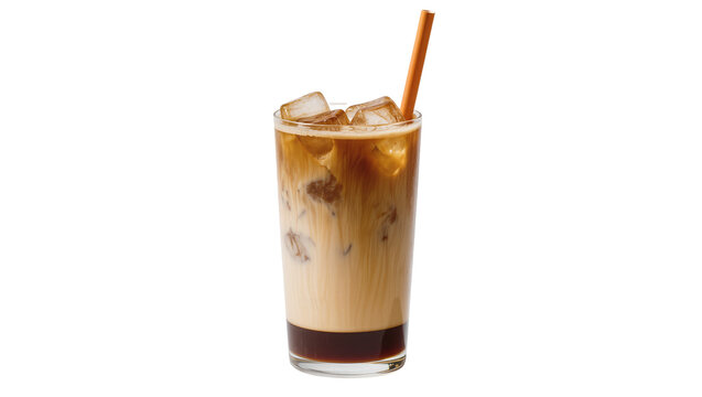 Refreshing layered iced coffee drink in a tall glass with ice cubes and a straw, isolated PNG on transparent background for menus and beverage designs
