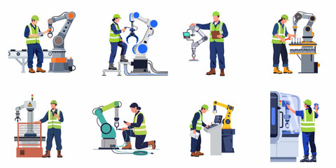 Fototapeta premium Vector Illustration Set of Diverse Factory Workers Operating and Maintaining Industrial Robotic Arms and Automated Machinery in a Modern Manufacturing Plant.