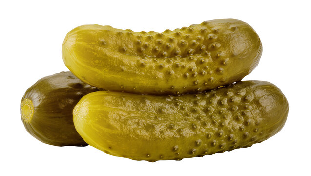 Three vibrant green pickled cucumbers, also known as gherkins, stacked neatly, offering a delicious snack, isolated PNG on transparent background