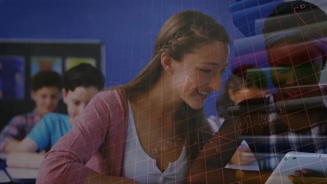 Binary coding data processing against male teacher using students using laptop