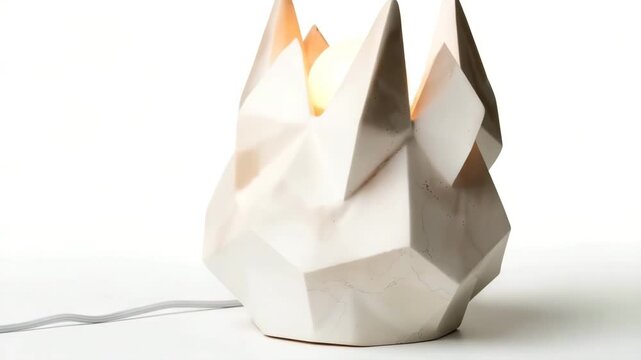 A geometric table lamp on a clean surface. The lamp has a unique design with sharp angles. The light turns on, illuminating the space. Focus is on the lamp and its details