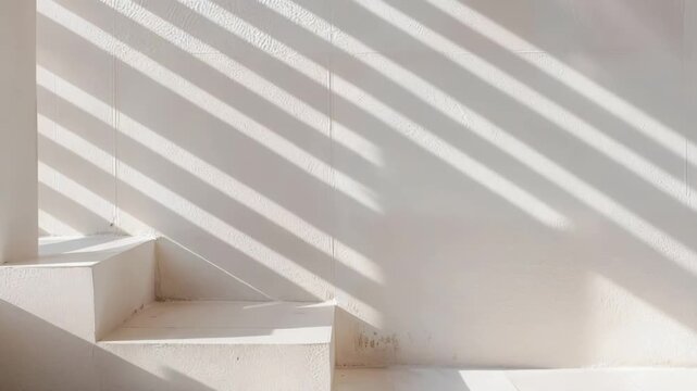 A set of stairs is placed against a white wall. Natural light creates shadows and patterns on the surface. The location feels bright and open. Attention is drawn to the lines formed by the light