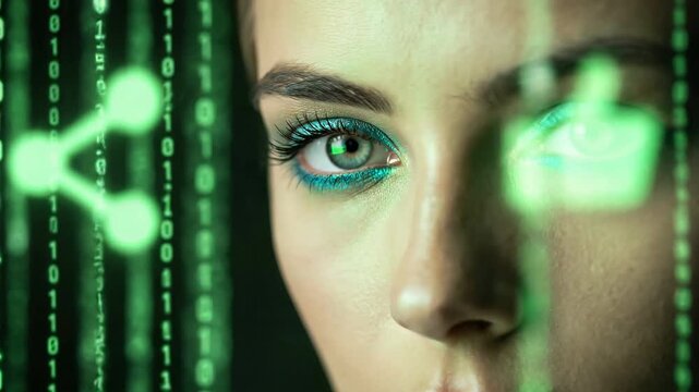 Closeup of human eyes social media concept. Closeup of woman face with digital binary code overlay futuristic technology and artificial intelligence concept