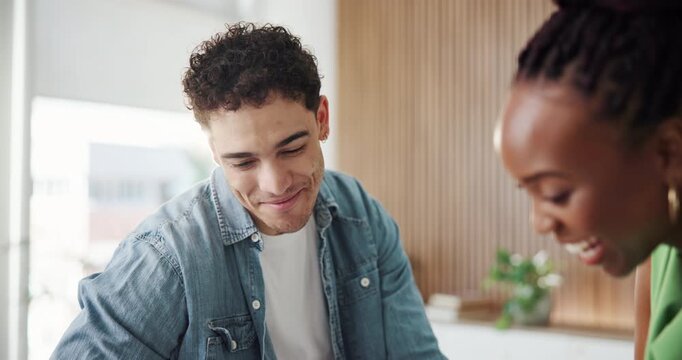 Talking, high five or manager with employee in office, recognition or well done for campaign success. Feedback, achievement or people with celebration for marketing project completion, flare or smile