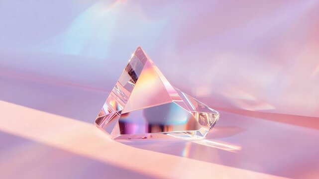 A prism sits on a flat surface while light passes through and creates colorful patterns. The angles change focus and display light in different ways as time moves