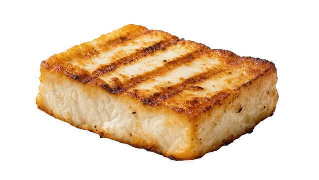 Grilled golden brown halloumi cheese slice with distinct char marks, perfectly cooked and ready to serve, isolated PNG on transparent background