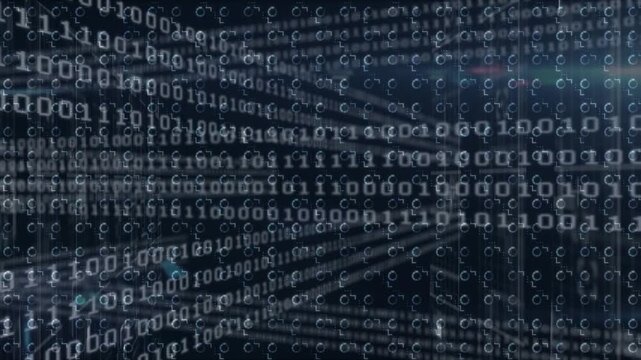 Animation of digital loading icons over binary codes moving in loop