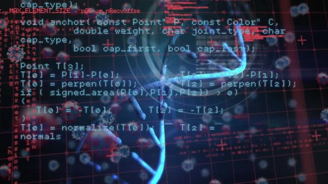Animation of dna helix with guilty text over programming language and cancer cells in background