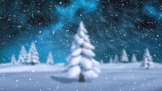 Animation of snowflakes falling over winter landscape with tall trees