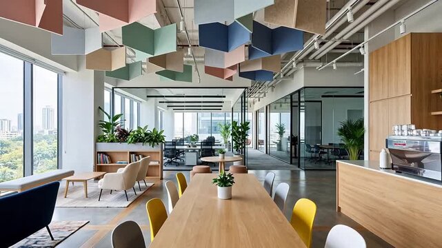 Cafe-style open break area in a modern office with sound-absorbing hanging acoustic panels in pastel colors and an elegant coffee bar set.