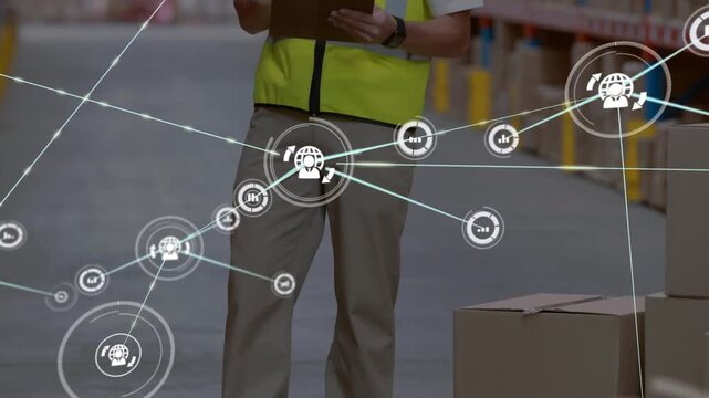 Animation network contrasts with male worker in logistics scene.