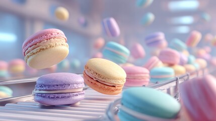 Obraz premium Colorful macarons move along a conveyor belt in a factory during candy production