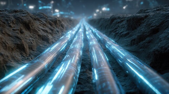 Bright cables run through a dug trench in an underground city at night to connect different areas and support urban infrastructure