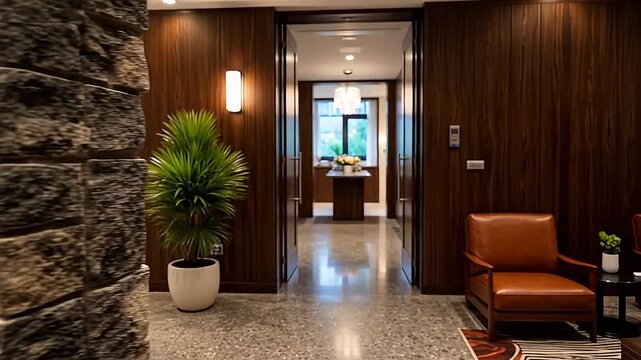 Close-up of premium architectural stone cladding in an upscale office lobby showing natural beige and grey textures under soft lighting.