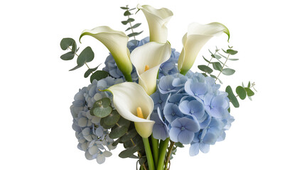 Elegant bouquet of white calla lilies, soft blue hydrangeas, and fresh eucalyptus leaves, beautifully arranged and isolated PNG on transparent background for floral designs © Hugo