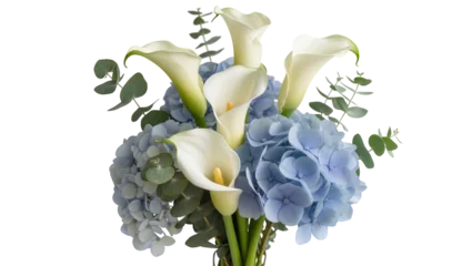 Fotobehang Hortensia Elegant bouquet of white calla lilies, soft blue hydrangeas, and fresh eucalyptus leaves, beautifully arranged and isolated PNG on transparent background for floral designs  © Hugo