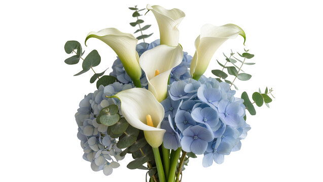 Elegant bouquet of white calla lilies, soft blue hydrangeas, and fresh eucalyptus leaves, beautifully arranged and isolated PNG on transparent background for floral designs