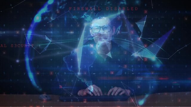 A hacker is using a computer to attack a digital screen