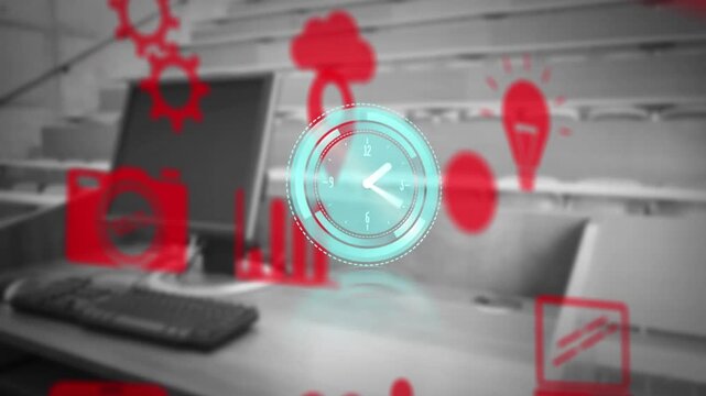 Animation of neon ticking clock and multiple digital icons against office desk