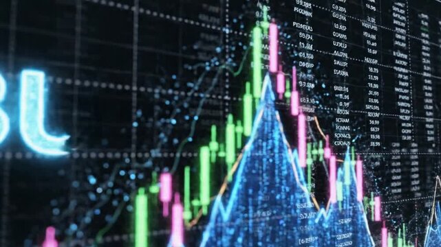 A detailed graph display shows rising trends with blue, green, and pink bars on a digital screen with numerous data points and a large blue logo.