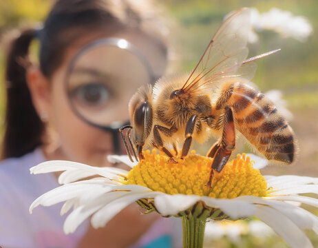 Small female nature explorer looking at a bee on a daisy through a magnifying glass