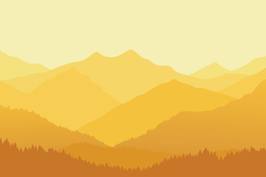 Minimalist landscape featuring layered mountains in warm yellow tones